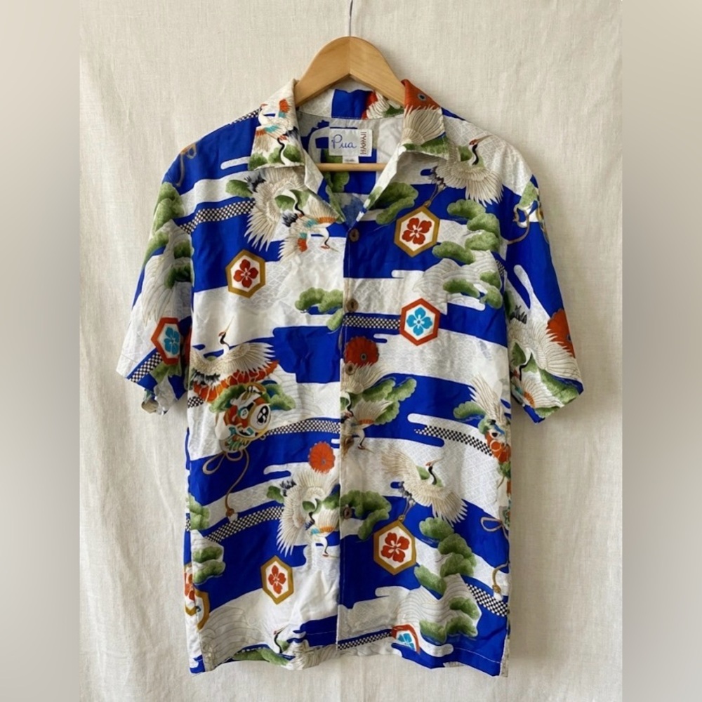 Pua Hawaii Aloha Shirt Japanese Crane Pine Tree Print Blue Wood Buttons Est Sz M